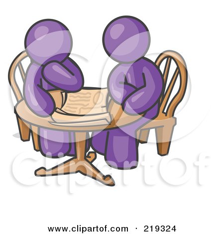 Clipart Illustration of Two Purple Businessmen Sitting at a Table, Discussing Papers by Leo Blanchette