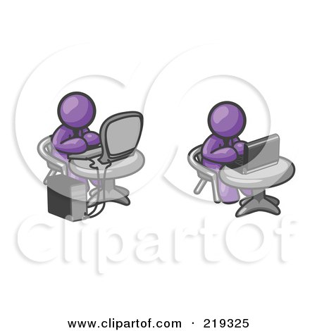 Clipart Illustration of Two Purple Men, Employees, Working on Computers in an Office, One Using a Desktop, the Other Using a Laptop by Leo Blanchette