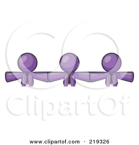 Clipart Illustration of Three Purple Businessmen Wearing Ties, Standing Arm To Arm, Symbolizing Team Work, Support, Interlinking, Interventions, Etc by Leo Blanchette