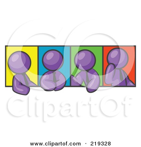 Clipart Illustration of Four Purple Men In Different Poses Against Colorful Backgrounds, Perhaps During A Meeting by Leo Blanchette