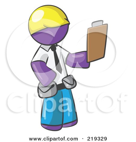 Royalty-Free (RF) Clipart Illustration of a Purple Man Construction Site Supervisor Holding A Clipboard by Leo Blanchette