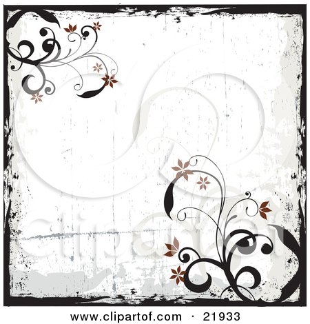 Clipart Picture Illustration of a Grunge Black Border With Vines And Red Flowers On A White Background by OnFocusMedia