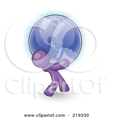 Royalty-Free (RF) Clipart Illustration of a Purple Man Carrying The Blue Planet Earth On His Shoulders, Symbolizing Ecology And Going Green  by Leo Blanchette