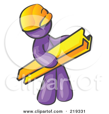 Clipart Illustration of a Purple Man Construction Worker Wearing A Hardhat And Carrying A Beam At A Work Site by Leo Blanchette