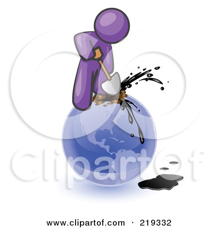 Royalty-Free (RF) Clipart Illustration of a Purple Man Using A Shovel To Drill Oil Out Of Planet Earth  by Leo Blanchette
