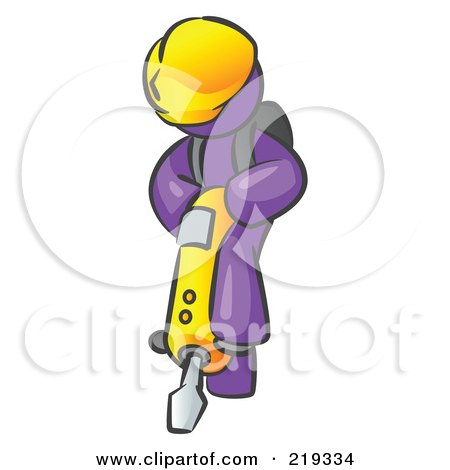 Clipart Illustration of a Purple Construction Worker Man Wearing A Hardhat And Operating A Yellow Jackhammer While Doing Road Work by Leo Blanchette