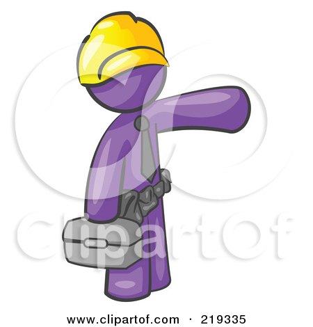 Royalty-Free (RF) Clipart Illustration of a Purple Man, A Construction Worker, Handyman Or Electrician, Wearing A Yellow Hardhat And Tool Belt And Carrying A Metal Toolbox While Pointing To The Right  by Leo Blanchette