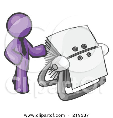 Clipart Illustration of a Purple Businessman Standing Beside A Rotary Card File With Blank Index Cards by Leo Blanchette