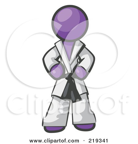 Clipart Illustration of a Tough Purple Man In A White Karate Suit And A Black Belt, Standing With His Hands On His Hips by Leo Blanchette