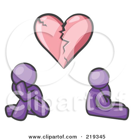 Royalty-Free (RF) Clipart Illustration of a Purple Design Mascot Man And Woman Under A Broken Heart by Leo Blanchette