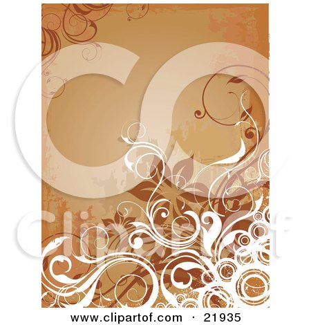 Clipart Picture Illustration of a White Curly Vines, Circles And Brown Flowers Over A Grunge Orange Background by OnFocusMedia