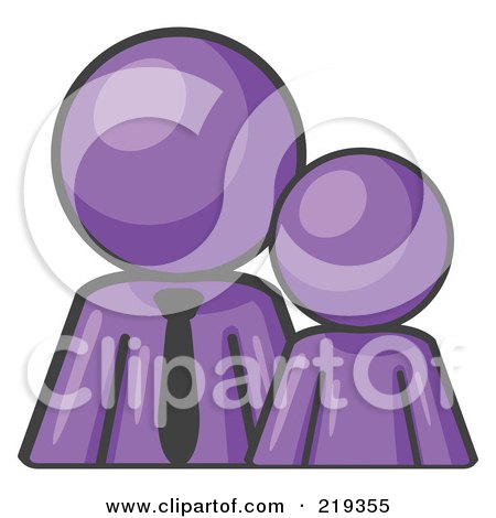 Clipart Illustration of a Purple Child Or Employee Standing Beside A Bigger Blue Businessman, Symbolizing Management, Parenting Or Mentorship by Leo Blanchette