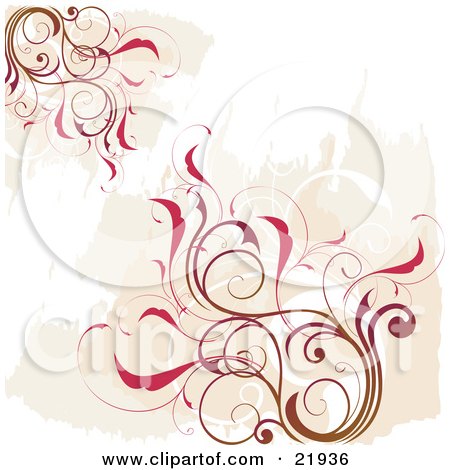 Clipart Picture Illustration of Corners Of Red-Brown Curly Vine With Red Flowers Over A Brown, White And Gray Grunge Background by OnFocusMedia