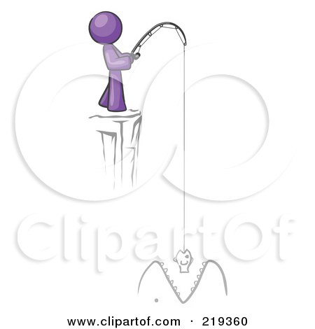 Royalty-Free (RF) Clipart Illustration of a Purple Design Mascot Man Fishing On A Cliff by Leo Blanchette