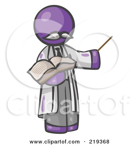 Royalty-Free (RF) Clipart Illustration of a Purple Man Professor Holding A Pointer Stick And An Open Book by Leo Blanchette