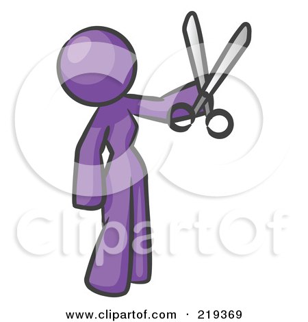 Clipart Illustration of a Purple Woman Standing And Holing Up A Pair Of Scissors by Leo Blanchette