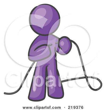 Royalty-Free (RF) Clipart Illustration of a Purple Design Mascot Man Tying Loose Ends Of Cables by Leo Blanchette