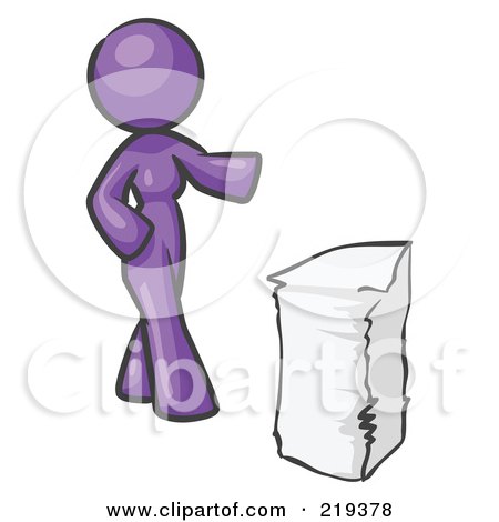 Royalty-Free (RF) Clipart Illustration of a Purple Design Mascot Woman With A Stack Of Paperwork by Leo Blanchette