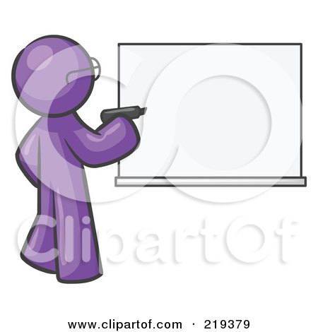 Royalty-Free (RF) Clipart Illustration of a Purple Design Mascot Man Writing On A White Board by Leo Blanchette