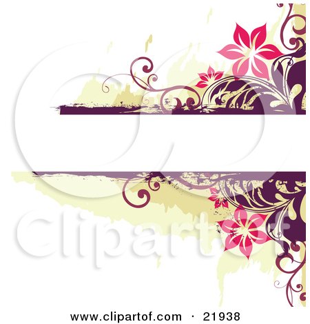 Clipart Picture Illustration of a Blank White Text Space With Pink Flowers And Purple Vines Over Green And White by OnFocusMedia