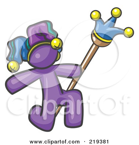 Royalty-Free (RF) Clipart Illustration of a Purple Design Mascot Man Court Jester Kneeling by Leo Blanchette
