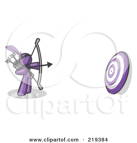 Royalty-Free (RF) Clipart Illustration of a Purple Man Aiming a Bow and Arrow at a Target During Archery Practice by Leo Blanchette