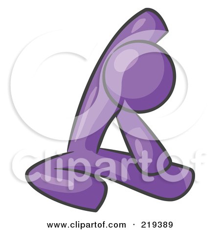 Clipart Illustration of a Purple Man Sitting On A Gym Floor And Stretching His Arm Up And Behind His Head by Leo Blanchette