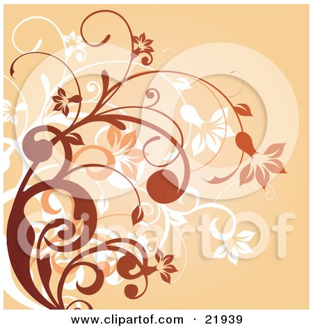 Clipart Picture Illustration of White, Orange And Brown Curly Plants With Flowers Over An Orange Background by OnFocusMedia