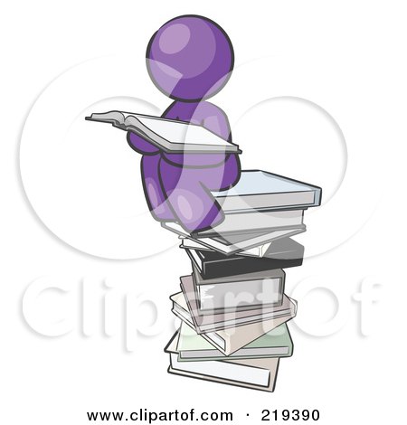 Royalty-Free (RF) Clipart Illustration of a Purple Design Mascot Man Reading On A Stack Of Books by Leo Blanchette