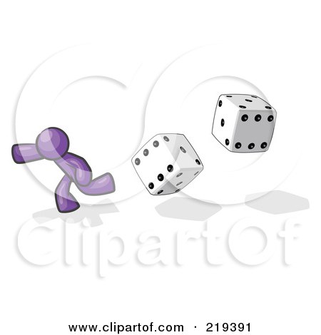 Royalty-Free (RF) Clipart Illustration of a Purple Design Mascot Man Running From Dice by Leo Blanchette