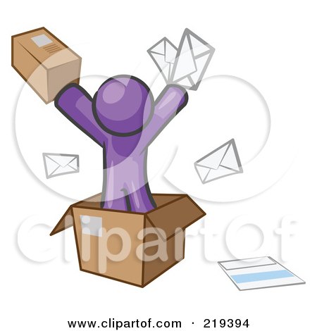 Royalty-Free (RF) Clipart Illustration of a Purple Design Mascot Man Going Postal With Parcels And Mail by Leo Blanchette
