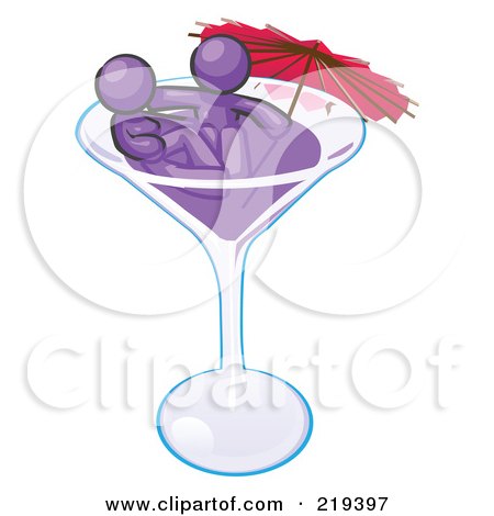 Royalty-Free (RF) Clipart Illustration of a Purple Design Mascot Couple Soaking In A Cocktail Glass With An Umbrella by Leo Blanchette