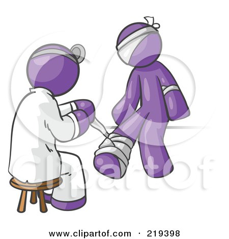 Royalty-Free (RF) Clipart Illustration of a Purple Male Doctor In A Lab Coat, Sitting On A Stool And Bandaging A Patient That Has Been Hurt On The Head, Arm And Ankle by Leo Blanchette