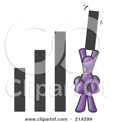 Clipart Illustration of a Purple Man on Another Man's Shoulders, Holding up a Bar in a Graph by Leo Blanchette