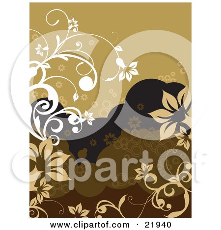 Clipart Picture Illustration of White And Tan Vines With Flowers Over A Brown And Black Background With Bubbles by OnFocusMedia