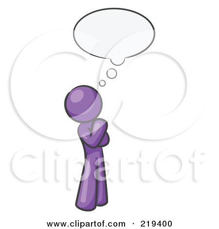 Royalty-Free (RF) Clipart Illustration of a Purple Design Mascot Man In Thought With A Bubble by Leo Blanchette