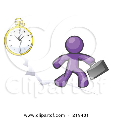 Royalty-Free (RF) Clipart Illustration of a Purple Design Mascot Man Running Late For Work Over A Crack With A Clock by Leo Blanchette