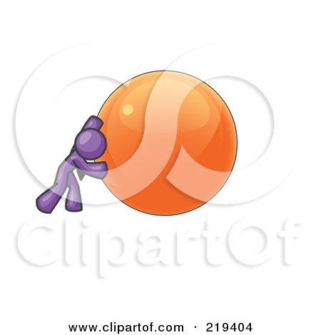 Clipart Illustration of a Strong Purple Business Man Pushing an Orange Sphere  by Leo Blanchette