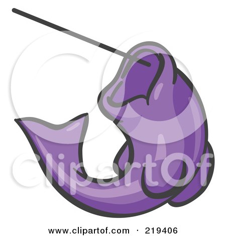 Clipart Illustration of a Purple Fish Jumping Up And Biting A Hook On A Fishing Line by Leo Blanchette