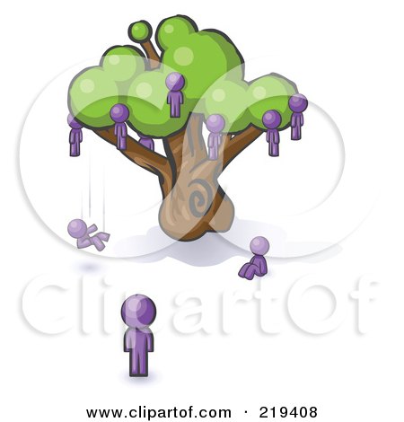Royalty-Free (RF) Clipart Illustration of a Purple Design Mascot Man Watching Others Fall From The Family Tree by Leo Blanchette