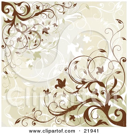 Clipart Picture Illustration of a Beige Background With Flowering Brown And White Vines by OnFocusMedia