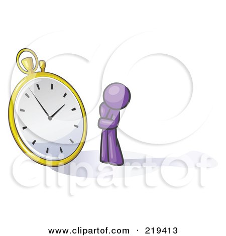 Royalty-Free (RF) Clipart Illustration of a Purple Design Mascot Man Worried And Watching A Clock by Leo Blanchette