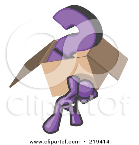 Clipart Illustration of a Purple Man Carrying a Heavy Question Mark in a Box by Leo Blanchette