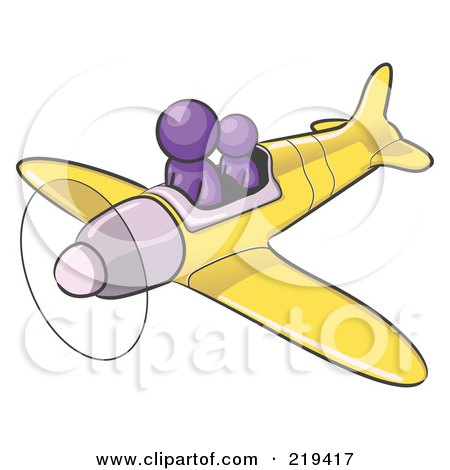 Royalty-Free (RF) Clipart Illustration of a Purple Design Mascot Man Flying A Plane With A Passenger by Leo Blanchette