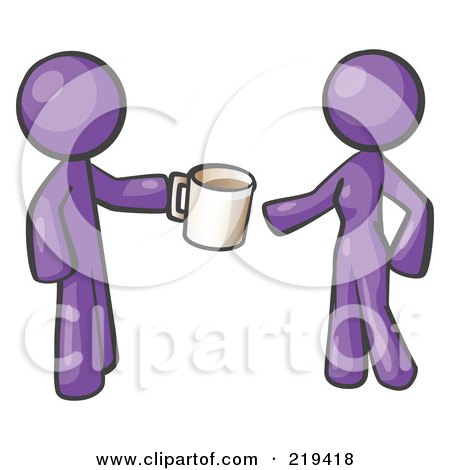 Royalty-Free (RF) Clipart Illustration of a Purple Man Giving A Woman A Cup Of Coffee by Leo Blanchette