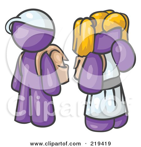 Royalty-Free (RF) Clipart Illustration of a Purple School Boy And Girl With Backpacks by Leo Blanchette