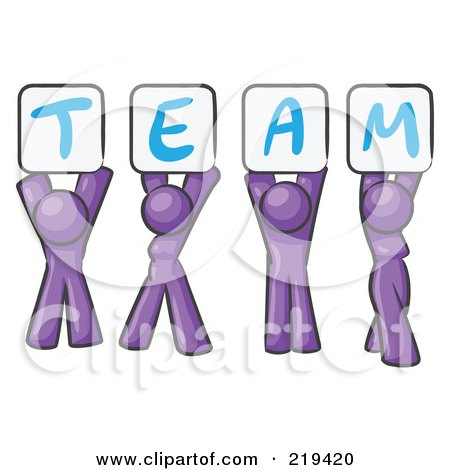 Royalty-Free (RF) Clipart Illustration of a Purple Design Mascot Group Holding Up Team Signs by Leo Blanchette