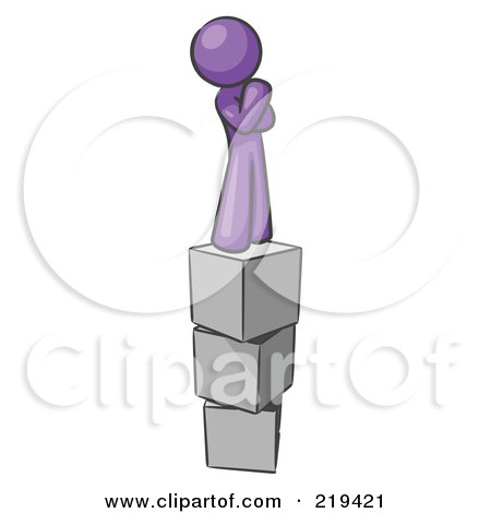 Royalty-Free (RF) Clipart Illustration of a Purple Design Mascot Man Thinking And Standing On Blocks by Leo Blanchette