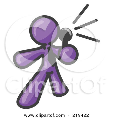 Royalty-Free (RF) Clipart Illustration of a Purple Man, A Comedian Or Vocalist, Wearing A Tie, Standing On Stage And Holding A Microphone While Singing Karaoke Or Telling Jokes Clipart Illustration by Leo Blanchette