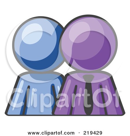 Clipart Illustration of a Blue Person Standing Beside A Purple Businessman, Symbolizing Teamwork Or Mentoring by Leo Blanchette